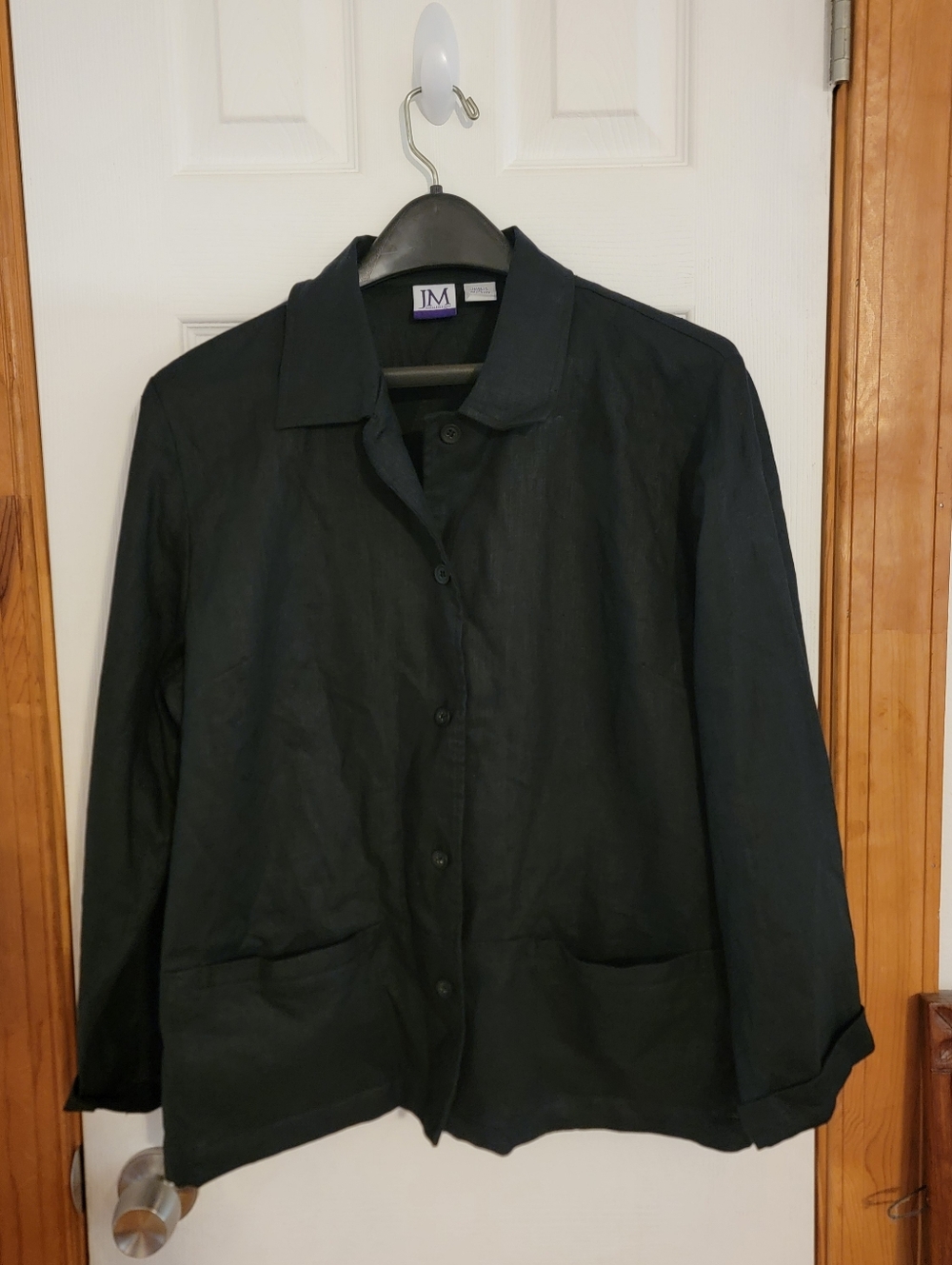 JM Collection 100% Linen Black Jacket Coat Lightweight Summer Button Front L
